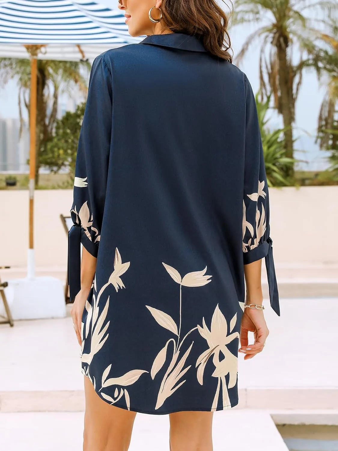 CUPSHE Women Mini Summer Dress Cover Up Oversize Floral Shirt 3/4 Sleeve Cuff Tie Button Down Beach Dresses Cover Up Top