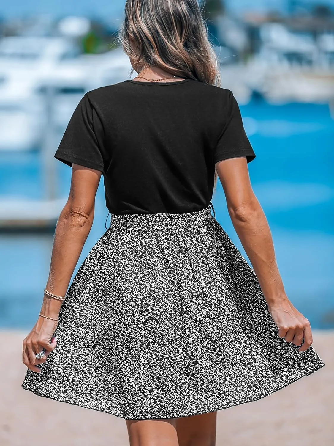 CUPSHE Women's Floral Paisley Mini Beach Dress Crew Neck Short Sleeve Belted Tie A Line Stripe Mini Summer Dresses