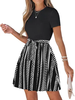 CUPSHE Women's Floral Paisley Mini Beach Dress Crew Neck Short Sleeve Belted Tie A Line Stripe Mini Summer Dresses