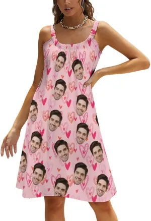 Custom Husband Face Dress for Women Personalized Cute Halter Neck Suspender Sleeveless Sundress Beach Party Summer Gift