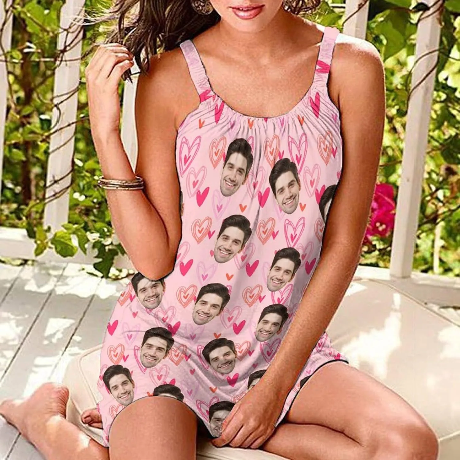 Custom Husband Face Dress for Women Personalized Cute Halter Neck Suspender Sleeveless Sundress Beach Party Summer Gift