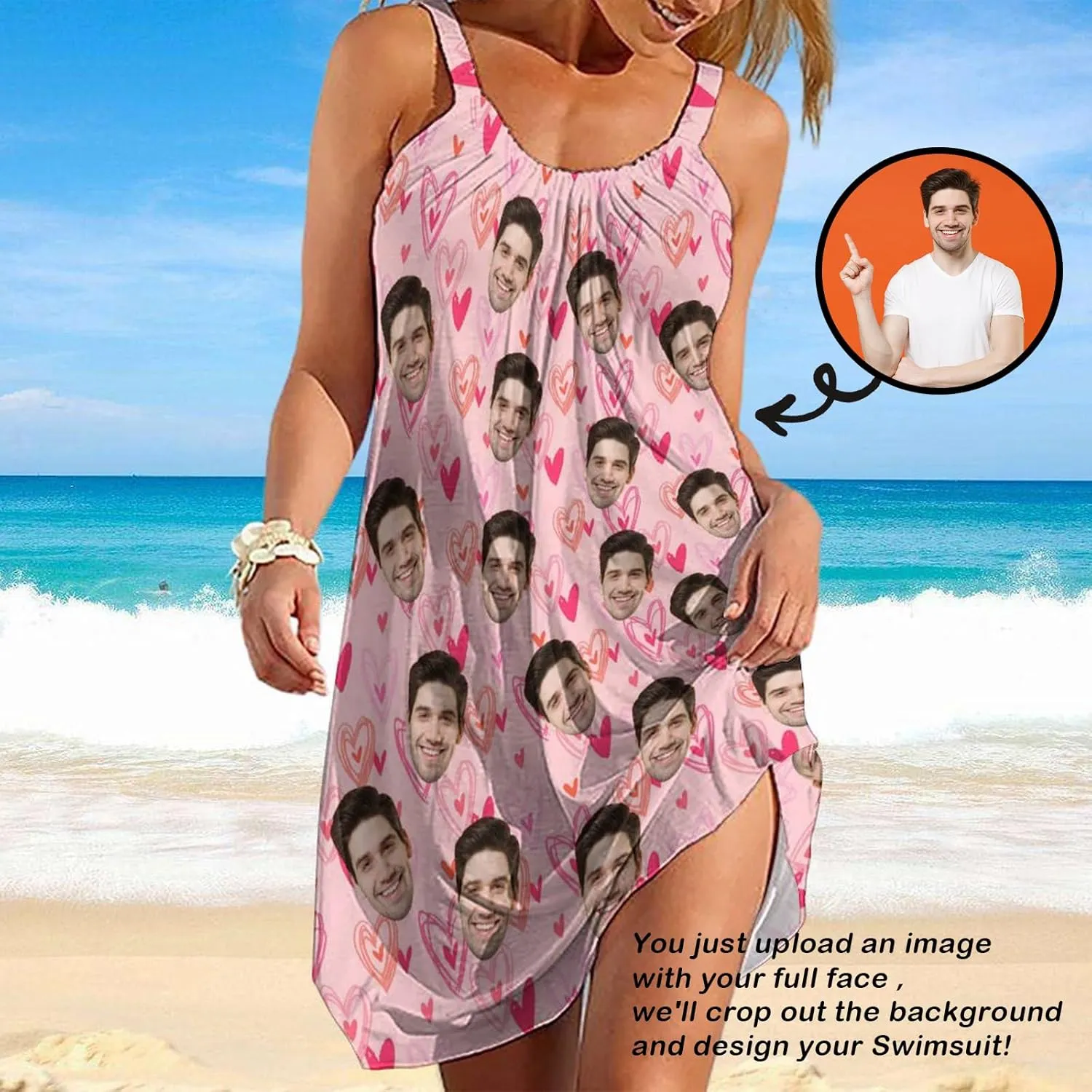Custom Husband Face Dress for Women Personalized Cute Halter Neck Suspender Sleeveless Sundress Beach Party Summer Gift