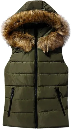 Dademeo Womens Puffer Vest with Fur Hood Winter Slim Fit Cropped Vest Coat Casual Outerwear Sleeveless Cotton-Padded Jacket