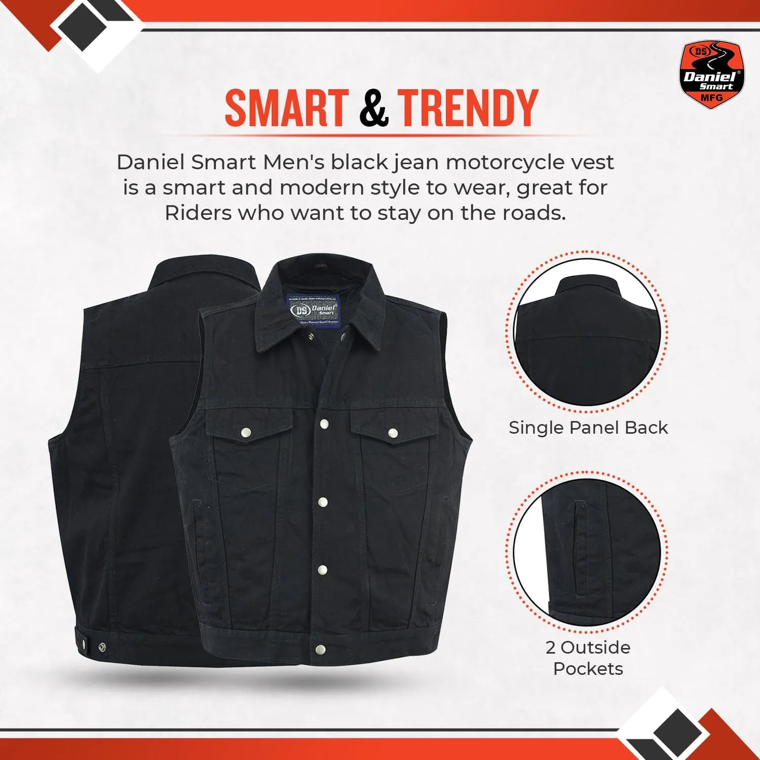 Daniel Smart Biker Vest for Men Unique Raw Blue & Black Denim Vest with Snap Closure & Concealment Armory Pocket