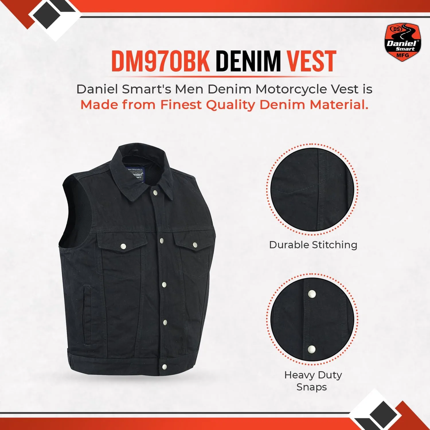 Daniel Smart Biker Vest for Men Unique Raw Blue & Black Denim Vest with Snap Closure & Concealment Armory Pocket