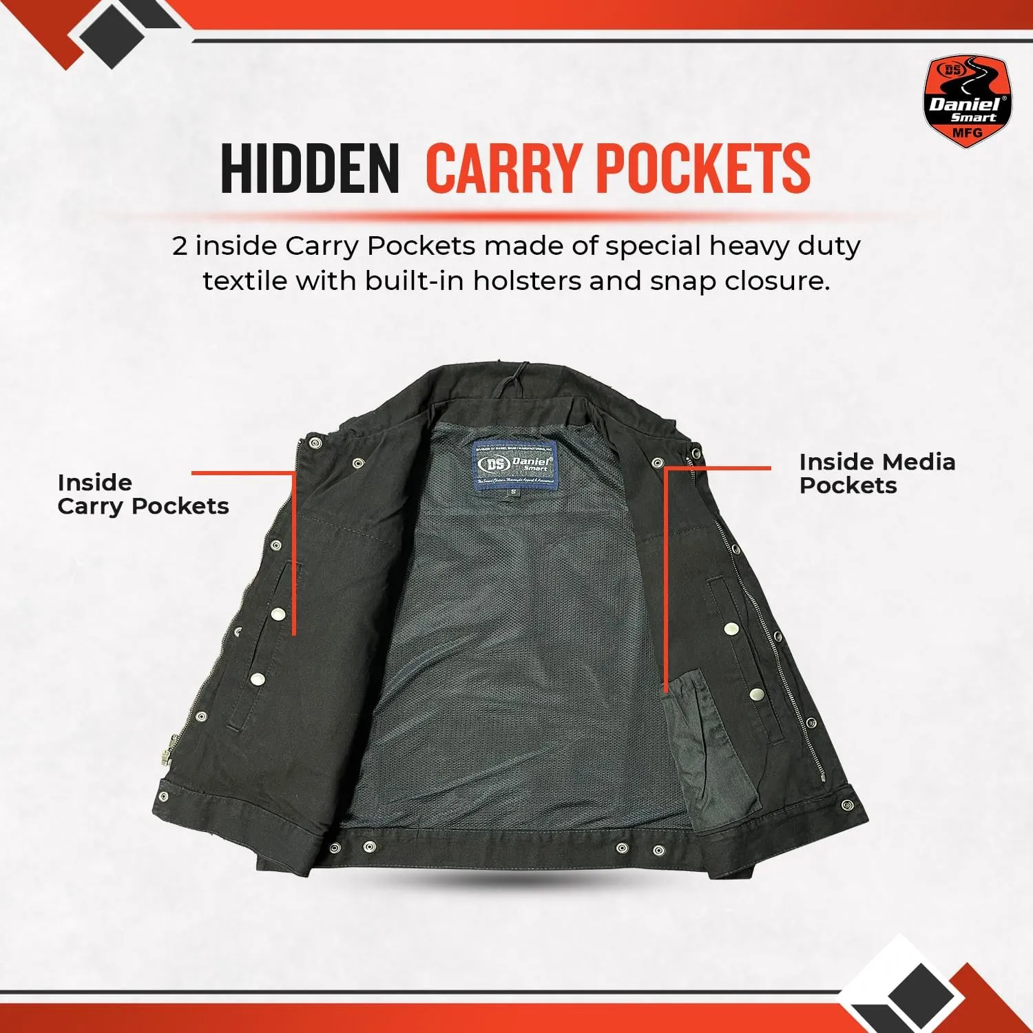Daniel Smart Biker Vest for Men Unique Raw Blue & Black Denim Vest with Snap Closure & Concealment Armory Pocket