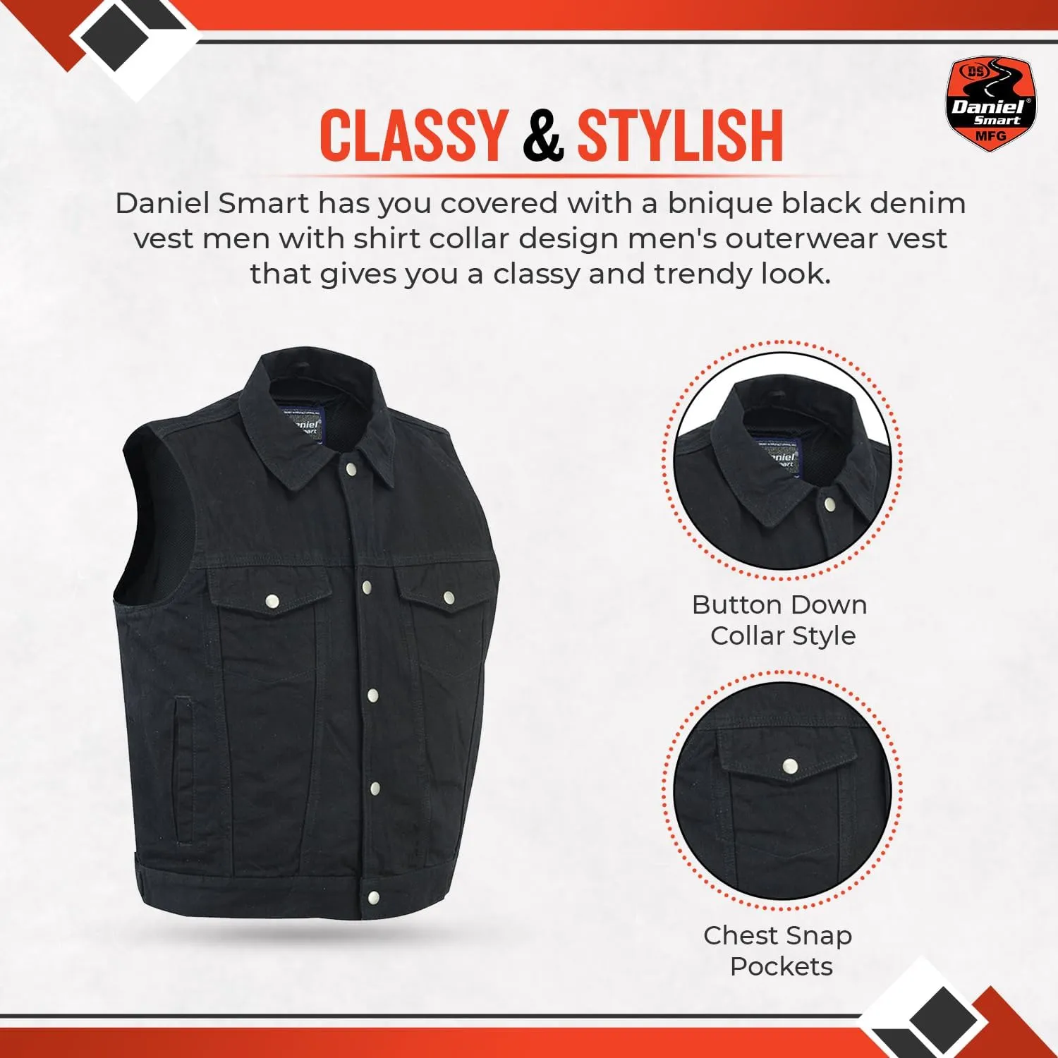 Daniel Smart Biker Vest for Men Unique Raw Blue & Black Denim Vest with Snap Closure & Concealment Armory Pocket