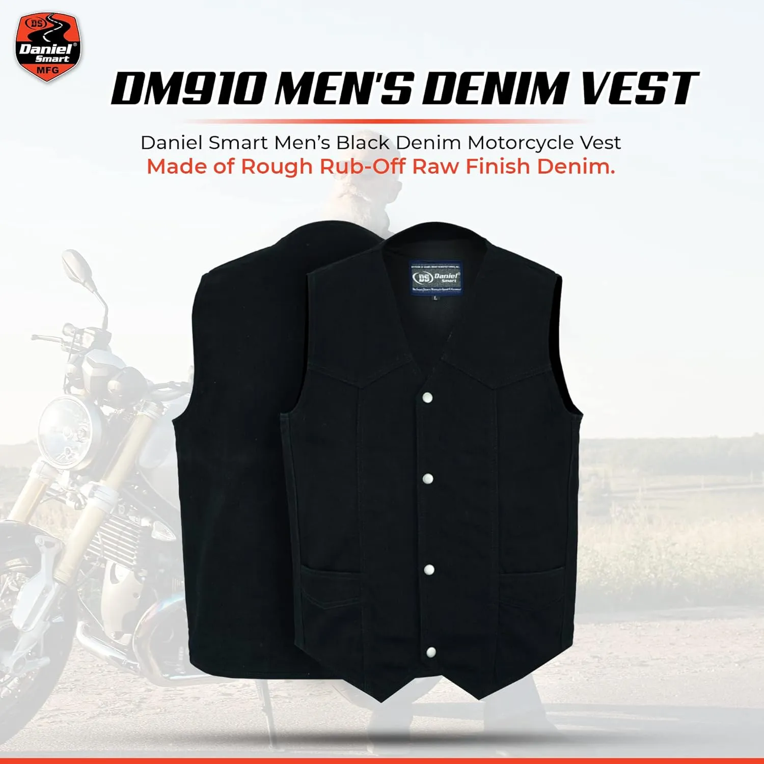 Daniel Smart Biker Vest for Men V-Shaped Neck Design Black Denim Vest with plain Side and concealment Armory Pocket