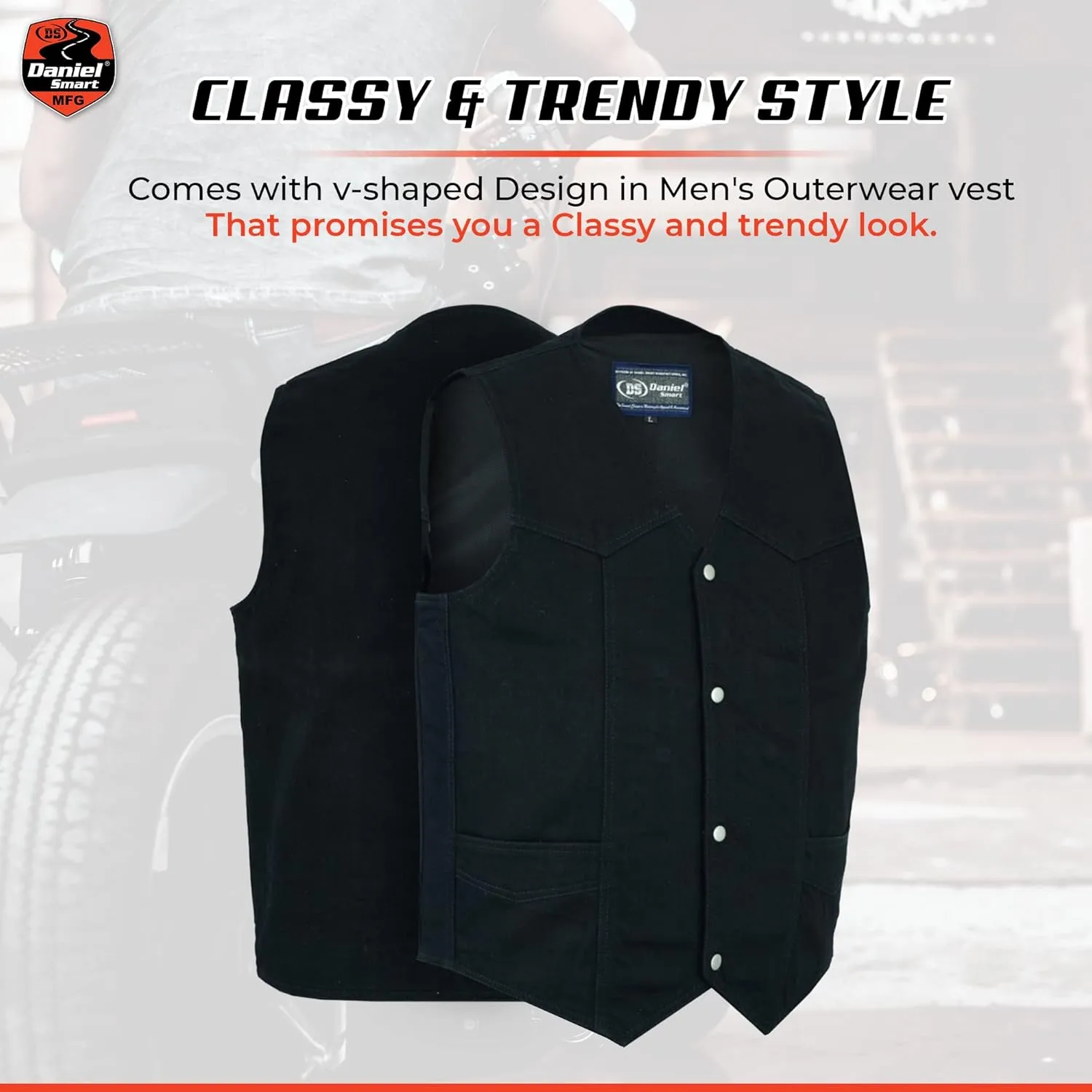 Daniel Smart Biker Vest for Men V-Shaped Neck Design Black Denim Vest with plain Side and concealment Armory Pocket