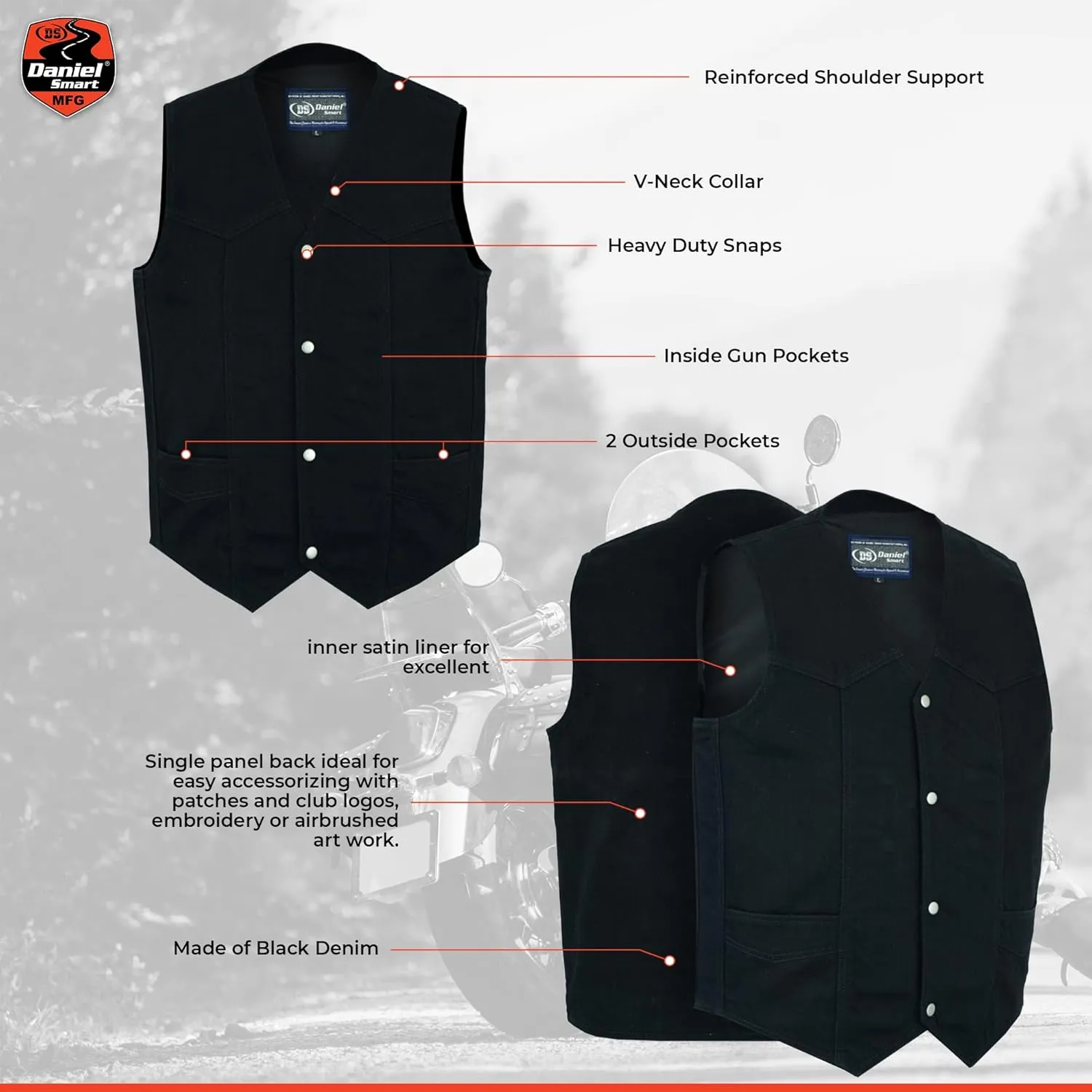 Daniel Smart Biker Vest for Men V-Shaped Neck Design Black Denim Vest with plain Side and concealment Armory Pocket