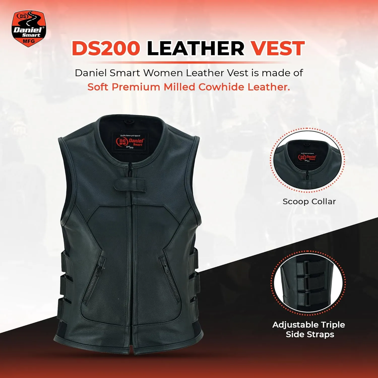 Daniel Smart Women Leather Vest  Cowhide Biker Leather Vest with Scoop Collar Neck Design and Multiple Carry Pocket