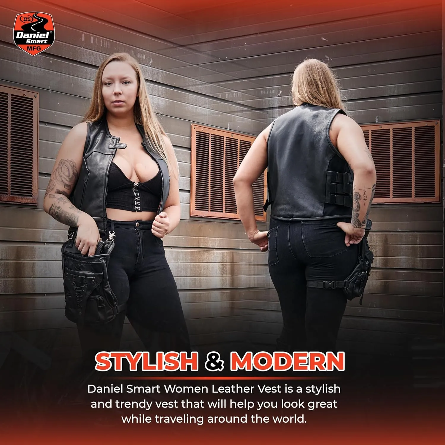 Daniel Smart Women Leather Vest  Cowhide Biker Leather Vest with Scoop Collar Neck Design and Multiple Carry Pocket