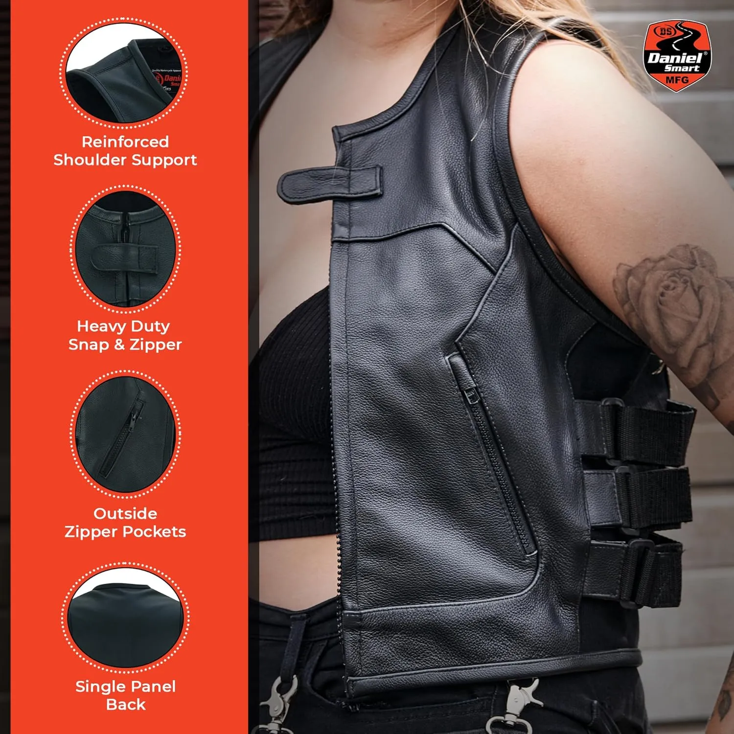Daniel Smart Women Leather Vest  Cowhide Biker Leather Vest with Scoop Collar Neck Design and Multiple Carry Pocket