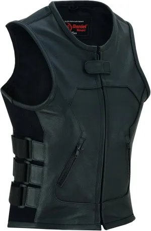 Daniel Smart Women Leather Vest  Cowhide Biker Leather Vest with Scoop Collar Neck Design and Multiple Carry Pocket