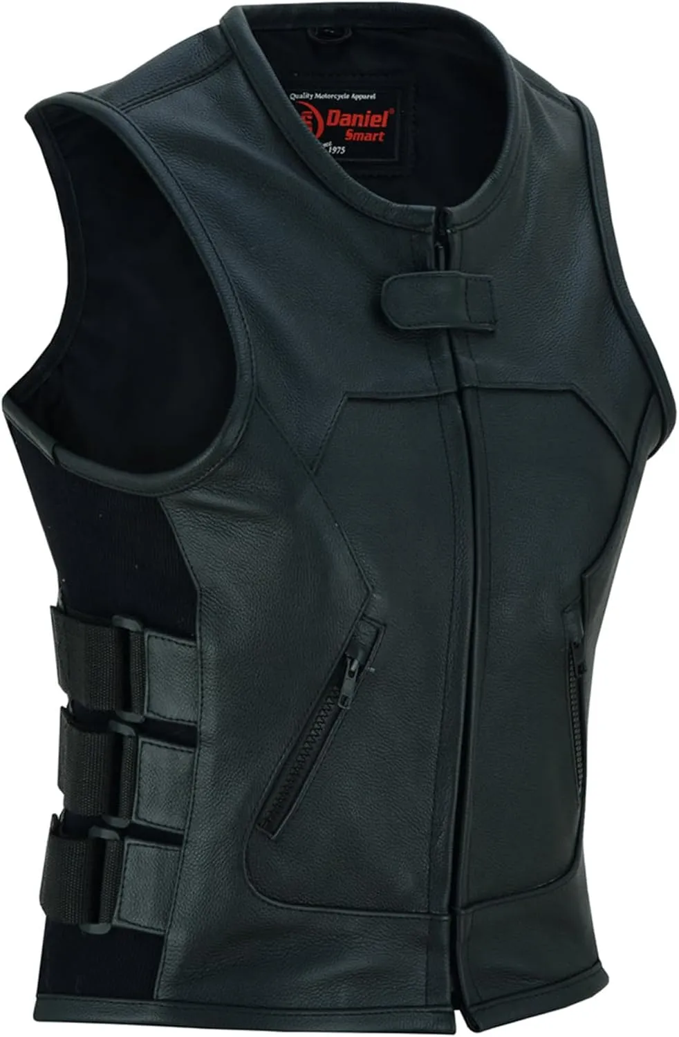 Daniel Smart Women Leather Vest  Cowhide Biker Leather Vest with Scoop Collar Neck Design and Multiple Carry Pocket