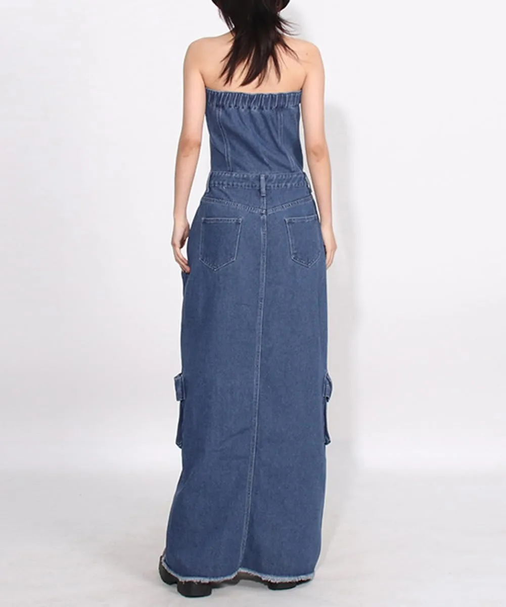 Denim Dress for Women Summer Sexy Slim Fit High Waisted Cargo Off Shoulder Slit Bag Hip Skirt Multiple Pockets