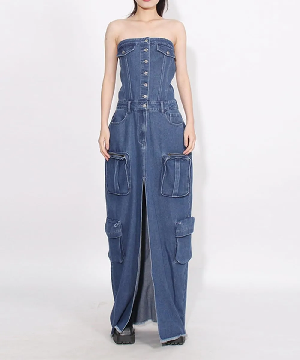 Denim Dress for Women Summer Sexy Slim Fit High Waisted Cargo Off Shoulder Slit Bag Hip Skirt Multiple Pockets