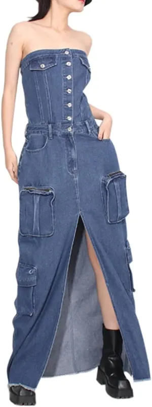 Denim Dress for Women Summer Sexy Slim Fit High Waisted Cargo Off Shoulder Slit Bag Hip Skirt Multiple Pockets