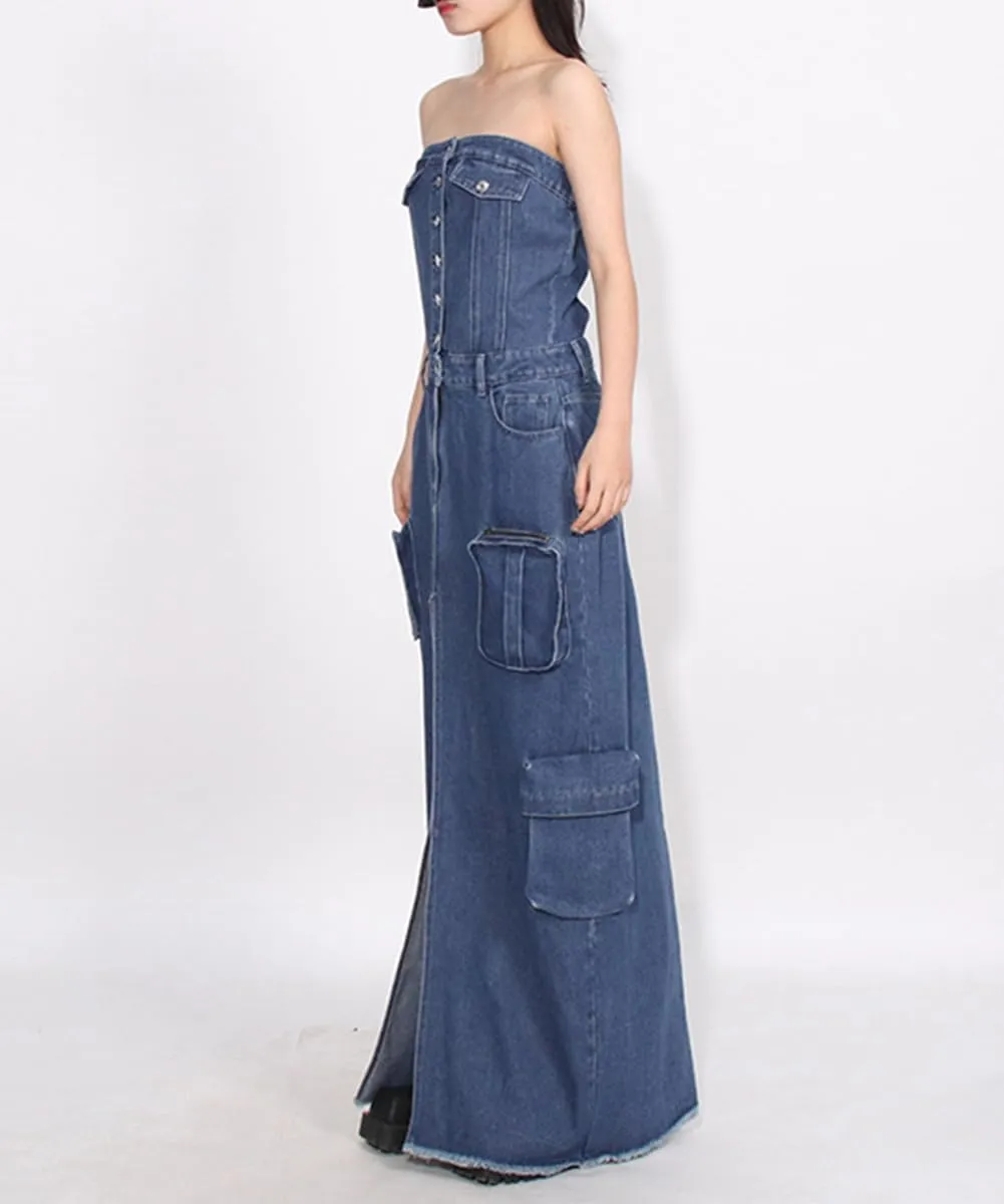 Denim Dress for Women Summer Sexy Slim Fit High Waisted Cargo Off Shoulder Slit Bag Hip Skirt Multiple Pockets