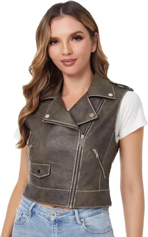 DIASHINY Faux Leather Vest For Women Lapel Sleeveless Moto Slim Fit PU Motorcycle Biker Waistcoat