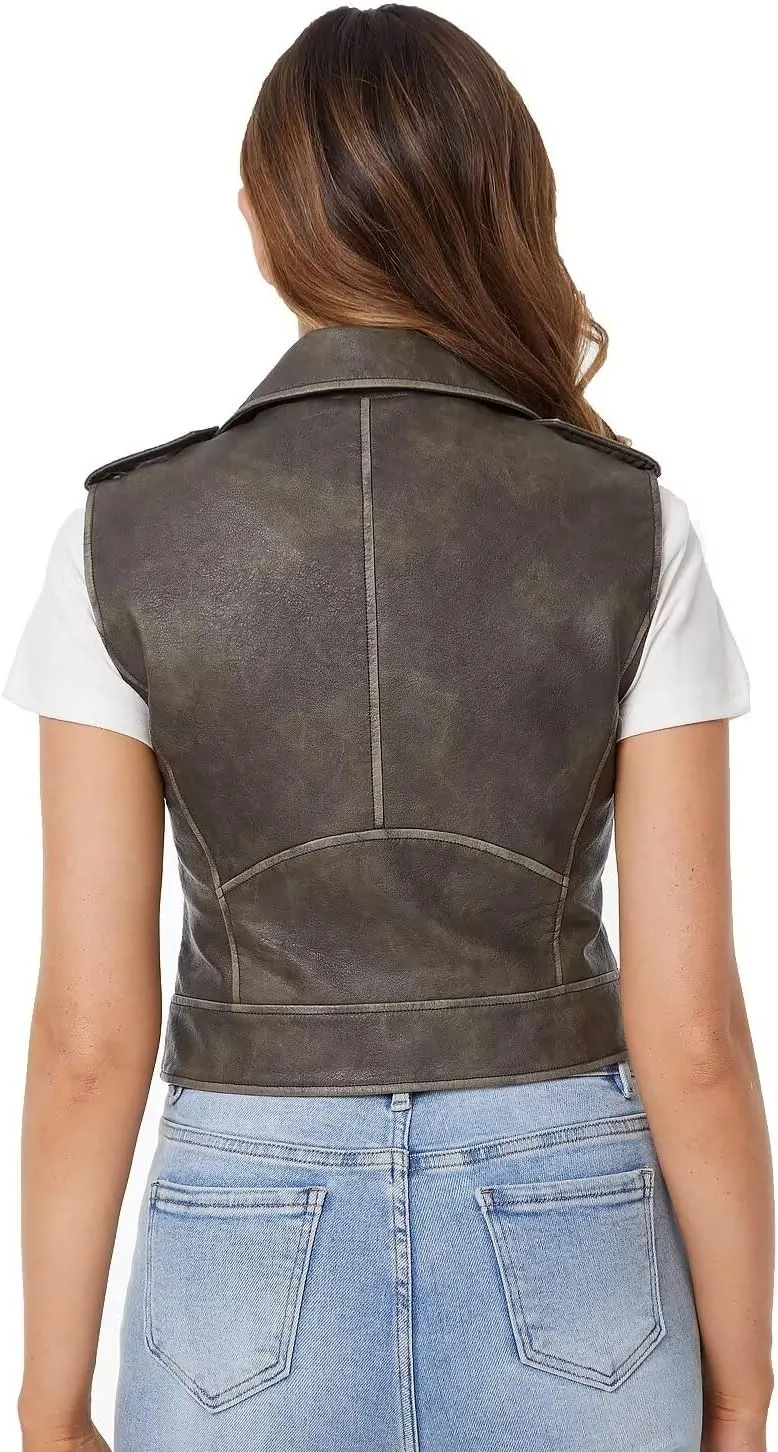 DIASHINY Faux Leather Vest For Women Lapel Sleeveless Moto Slim Fit PU Motorcycle Biker Waistcoat