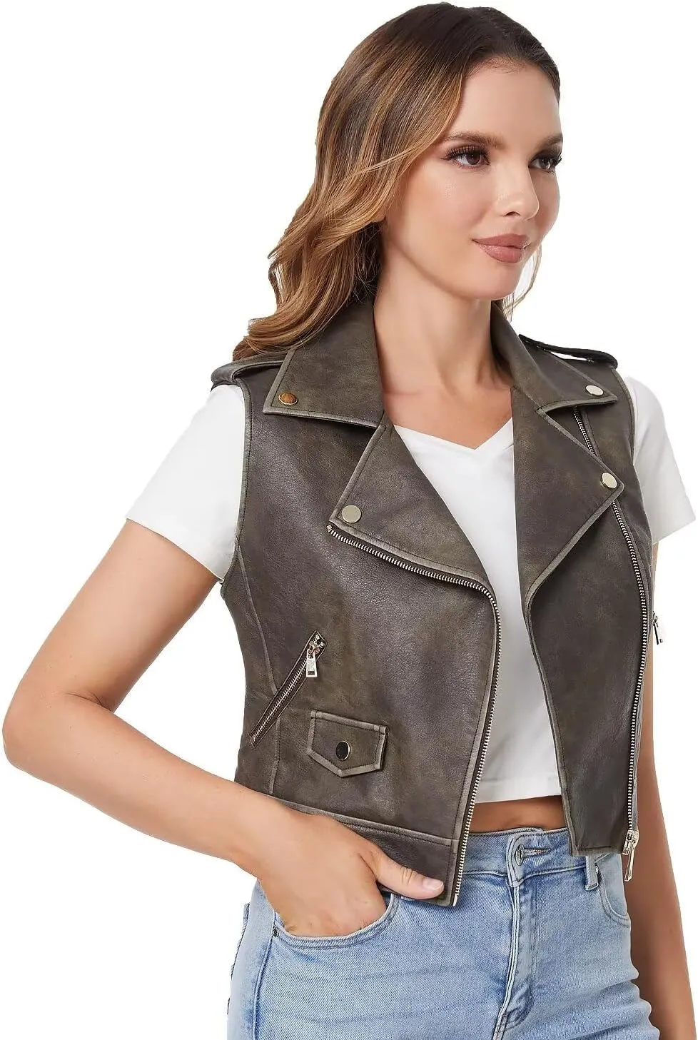 DIASHINY Faux Leather Vest For Women Lapel Sleeveless Moto Slim Fit PU Motorcycle Biker Waistcoat