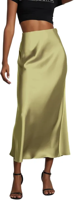 ebossy Womens Elegant Silk Satin Midi Skirt High Waisted Elastic Waistband Flared A-Line Flowy Swing Long Skirt