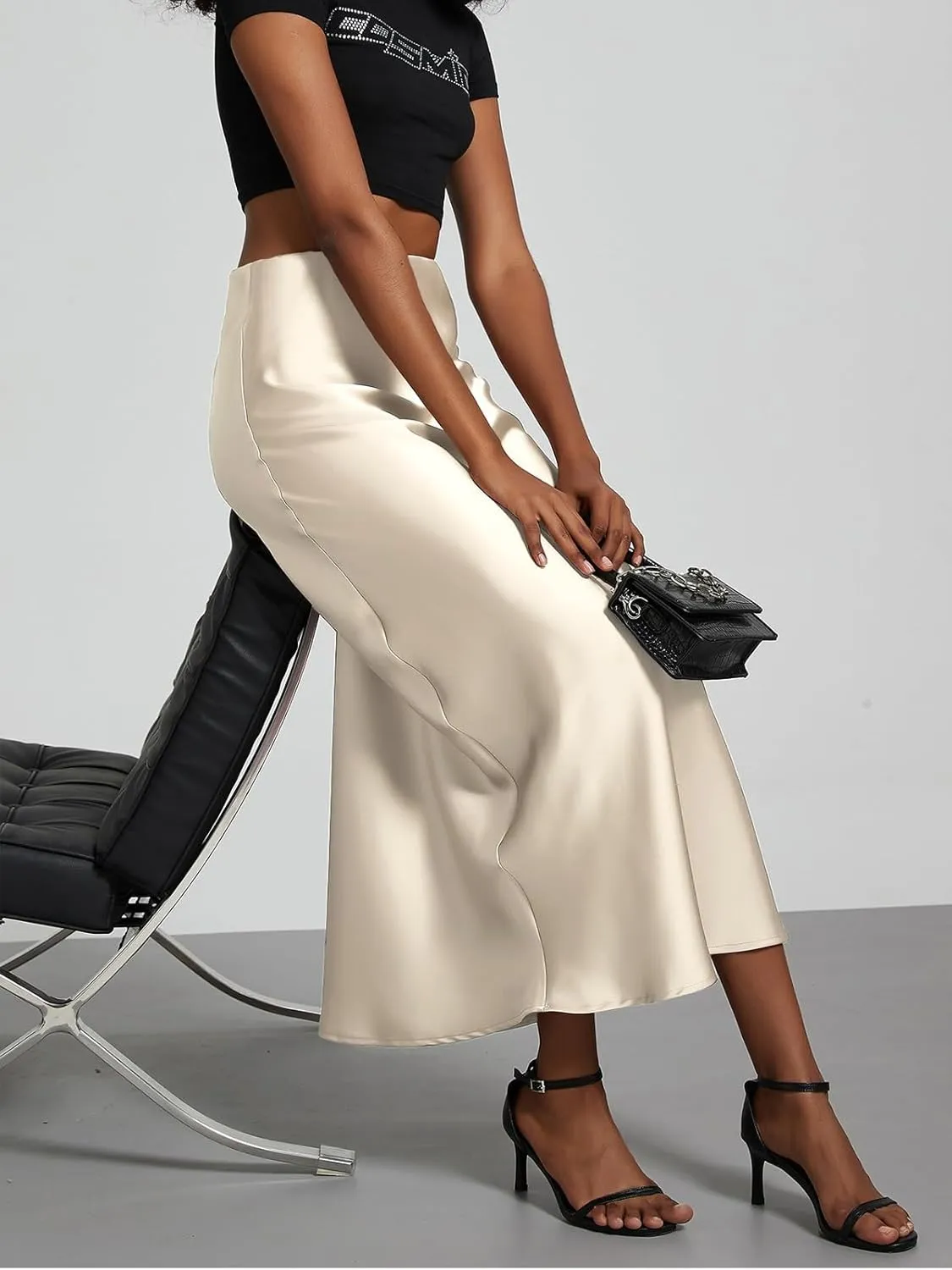 ebossy Womens Elegant Silk Satin Midi Skirt High Waisted Elastic Waistband Flared A-Line Flowy Swing Long Skirt