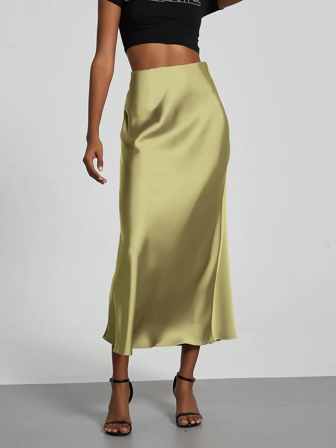 ebossy Womens Elegant Silk Satin Midi Skirt High Waisted Elastic Waistband Flared A-Line Flowy Swing Long Skirt