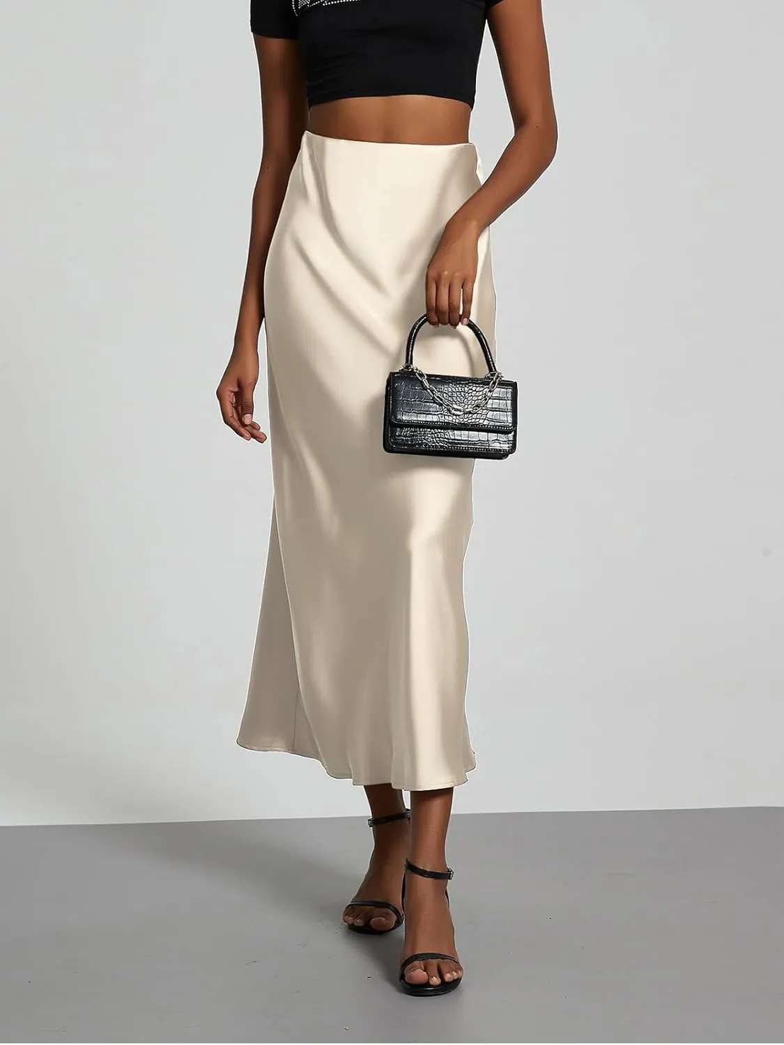 ebossy Womens Elegant Silk Satin Midi Skirt High Waisted Elastic Waistband Flared A-Line Flowy Swing Long Skirt