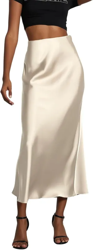 ebossy Womens Elegant Silk Satin Midi Skirt High Waisted Elastic Waistband Flared A-Line Flowy Swing Long Skirt