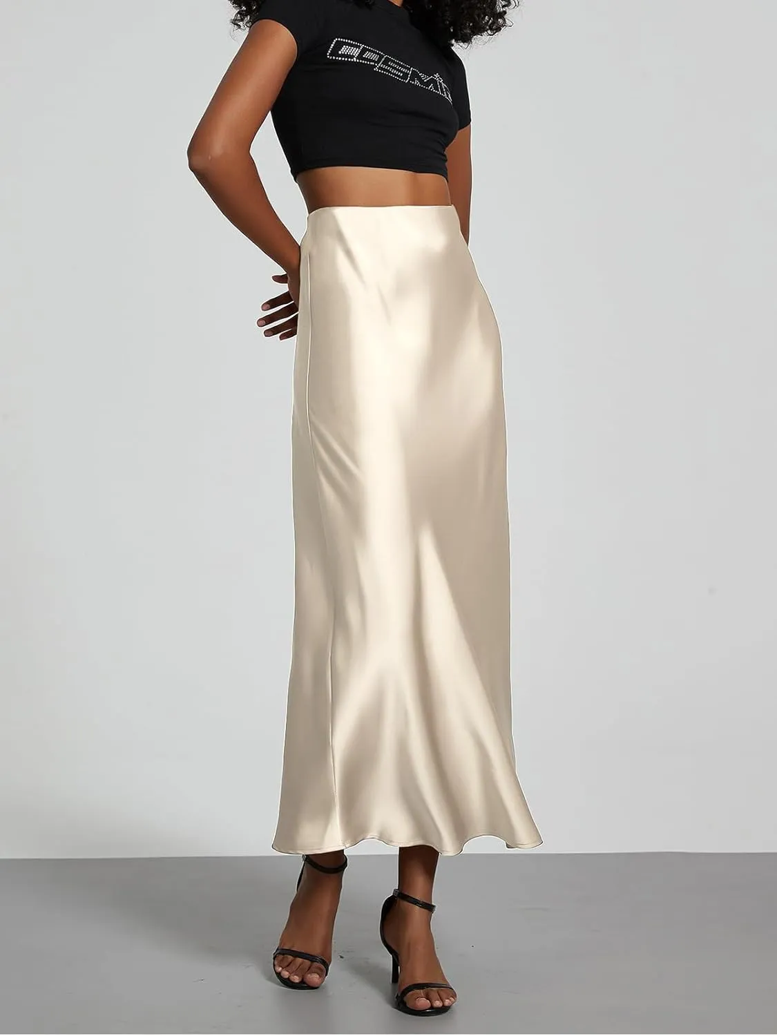 ebossy Womens Elegant Silk Satin Midi Skirt High Waisted Elastic Waistband Flared A-Line Flowy Swing Long Skirt