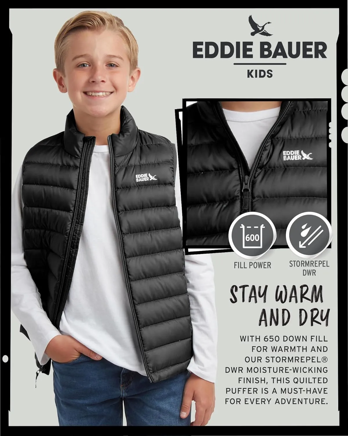 Eddie Bauer Kids' Down Vest - CirrusLite Weather Resistant Quilted Bubble Puffer Vest for Boys and Girls (5-20)