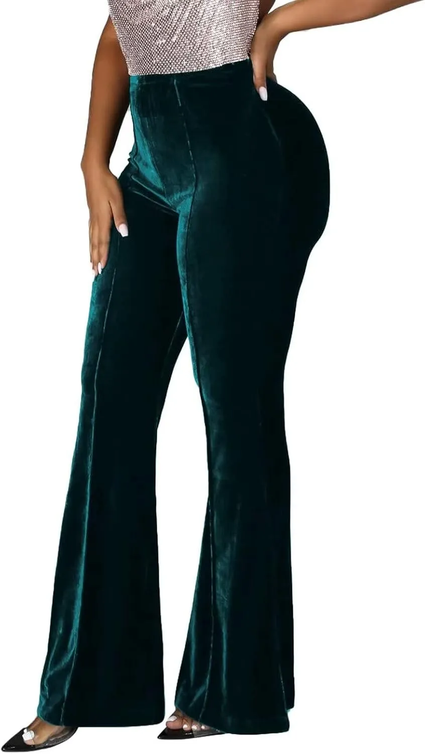 Elainone High Waisted Velvet Flare Pants for Women Seam Front Casual Business Long Pants Troubles