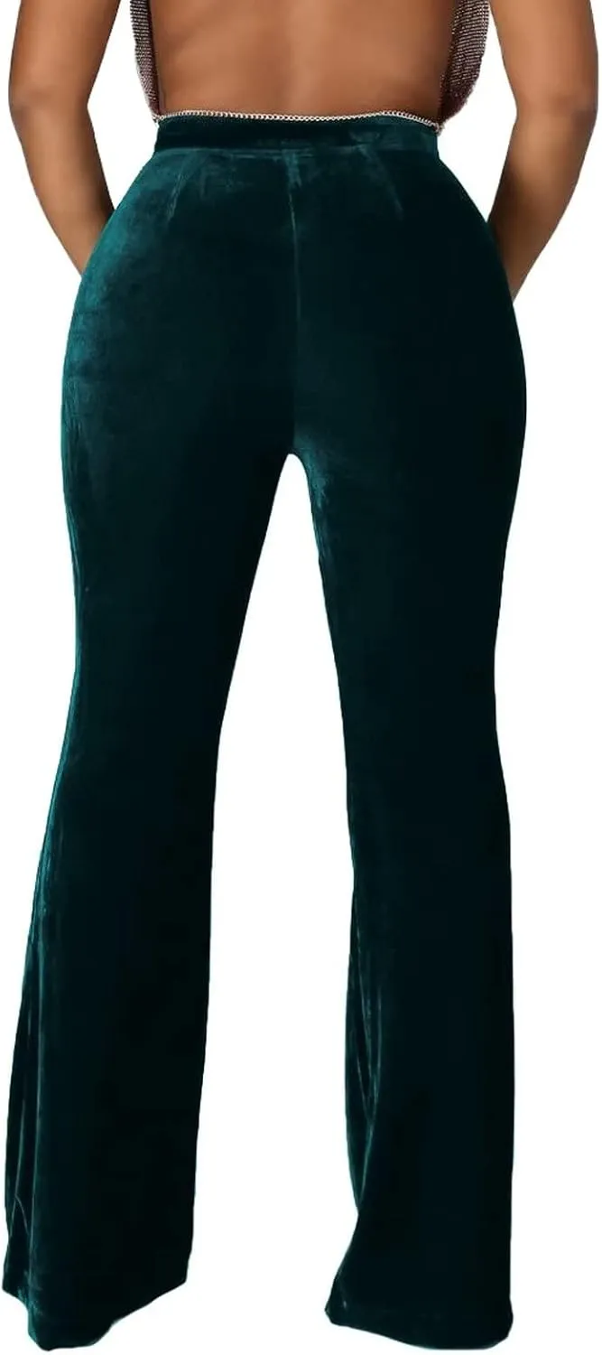 Elainone High Waisted Velvet Flare Pants for Women Seam Front Casual Business Long Pants Troubles