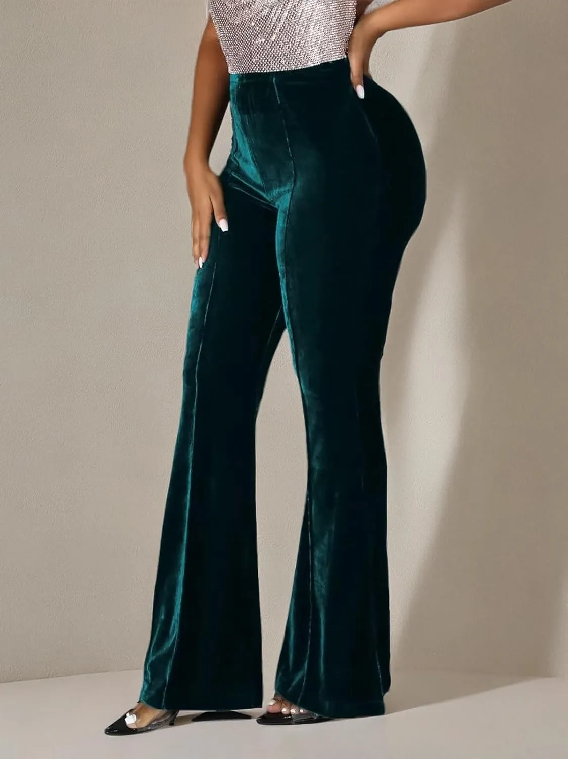 Elainone High Waisted Velvet Flare Pants for Women Seam Front Casual Business Long Pants Troubles