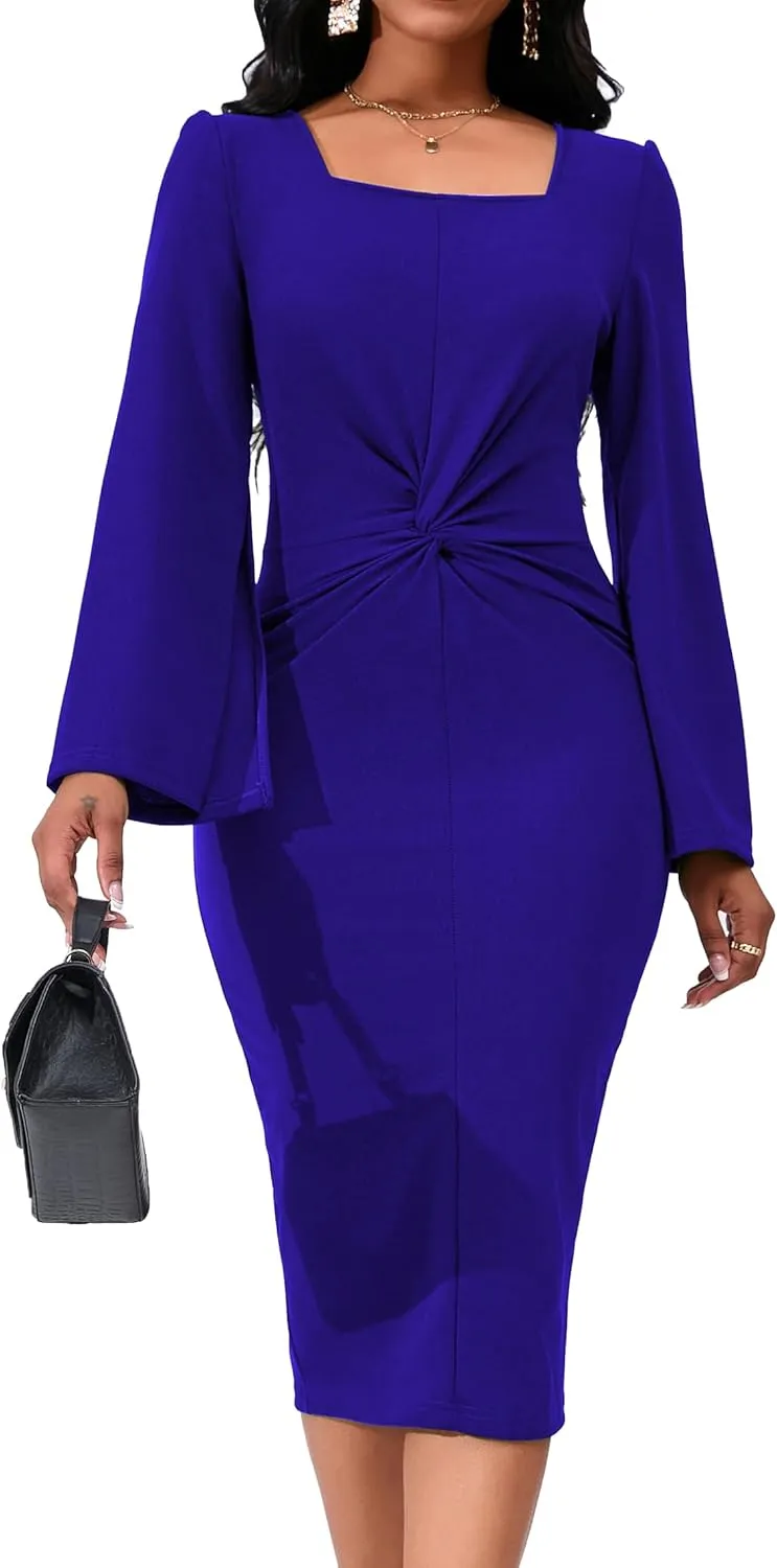 Elegant Dresses for Women Sexy Church Long Ruffles Sleeve Business Pencil Vintage Peplum Dress Wear to Work