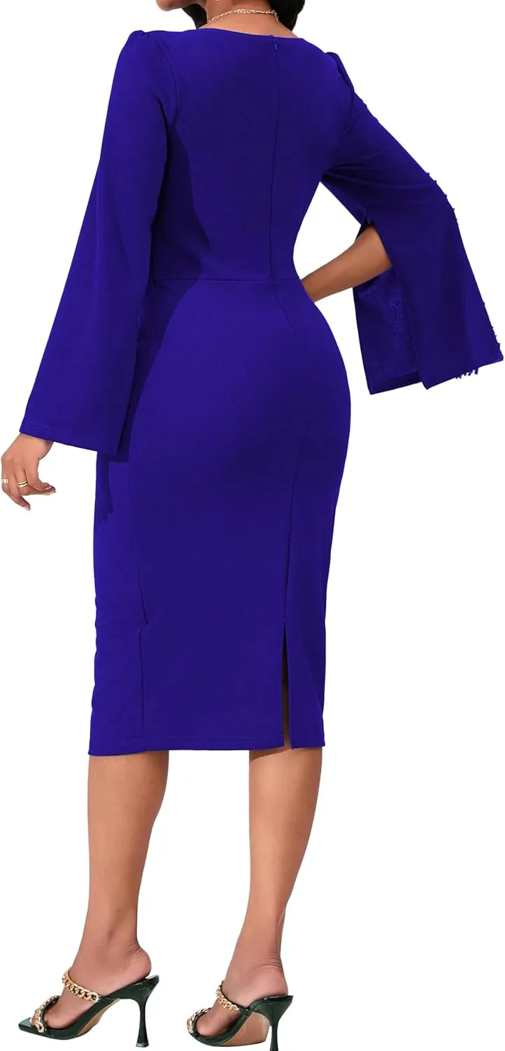Elegant Dresses for Women Sexy Church Long Ruffles Sleeve Business Pencil Vintage Peplum Dress Wear to Work