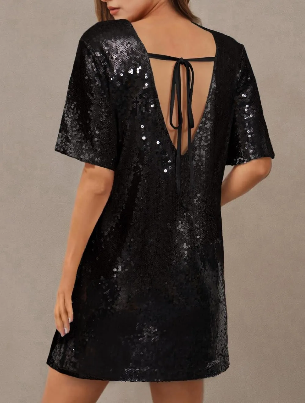 ENOPINK Women Sequin T Shirt Dress Backless Sparkly Short Sleeve Shift Dresses for Women 2025