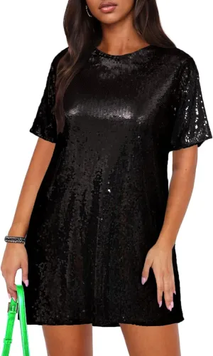 ENOPINK Women Sequin T Shirt Dress Backless Sparkly Short Sleeve Shift Dresses for Women 2025