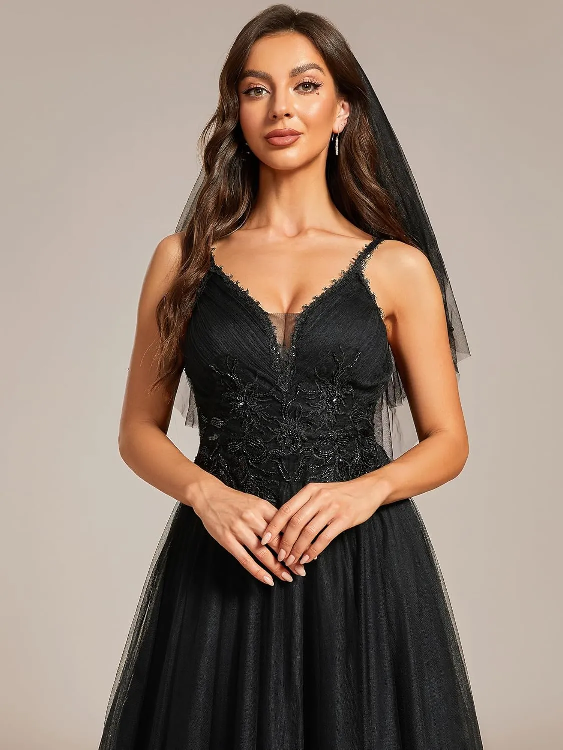 Ever-Pretty Women's V-Neck Lace Spaghetti Straps Embroidered Ruched Tulle Wedding Dress 0124A