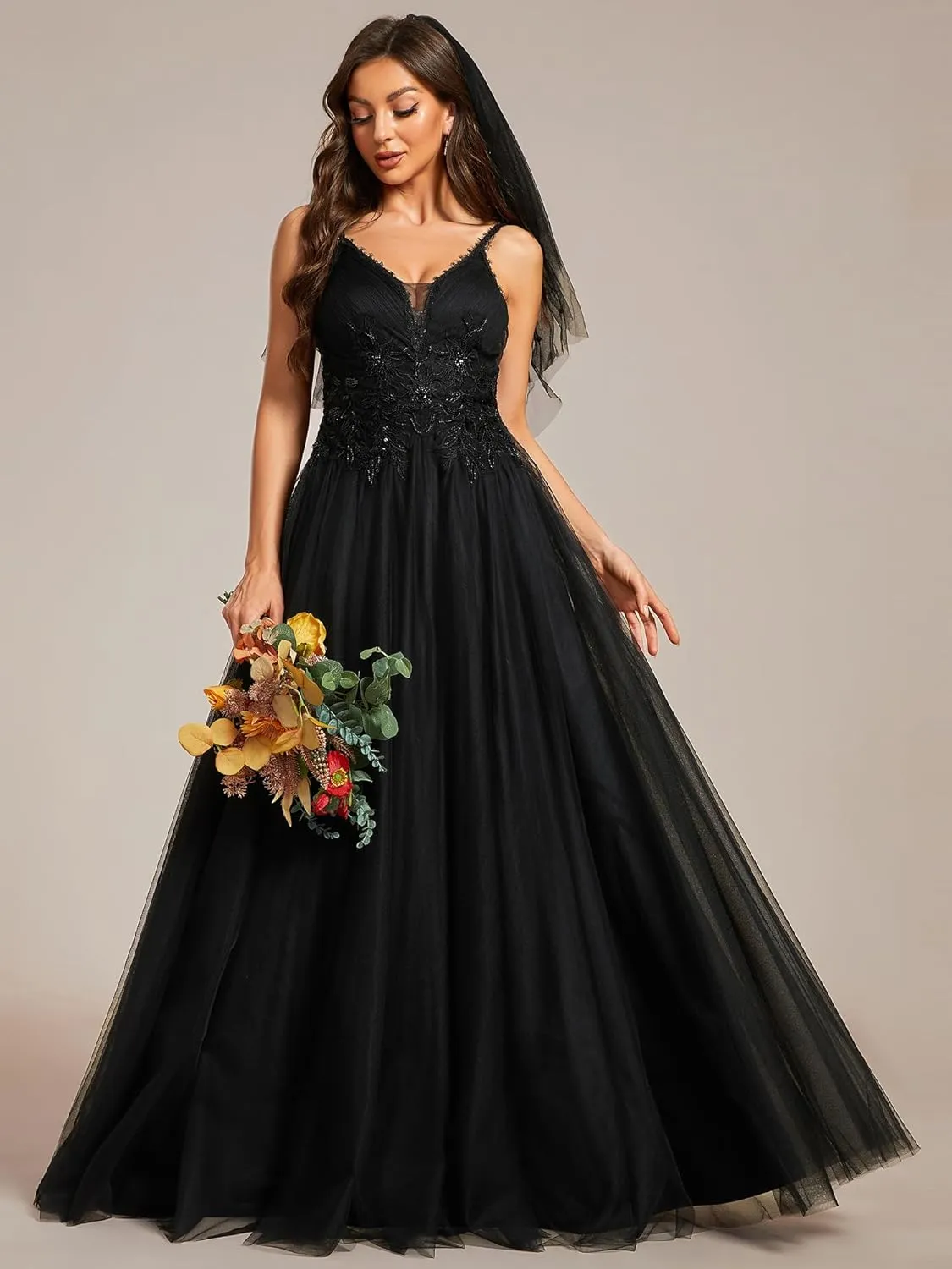 Ever-Pretty Women's V-Neck Lace Spaghetti Straps Embroidered Ruched Tulle Wedding Dress 0124A