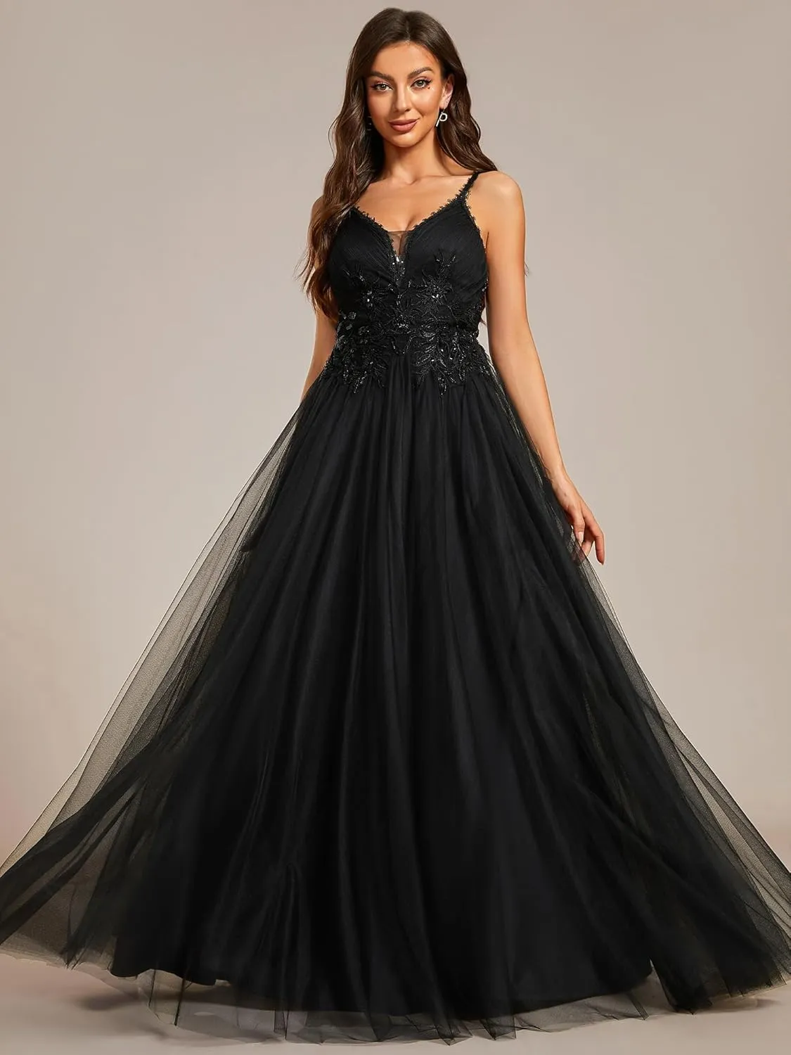 Ever-Pretty Women's V-Neck Lace Spaghetti Straps Embroidered Ruched Tulle Wedding Dress 0124A