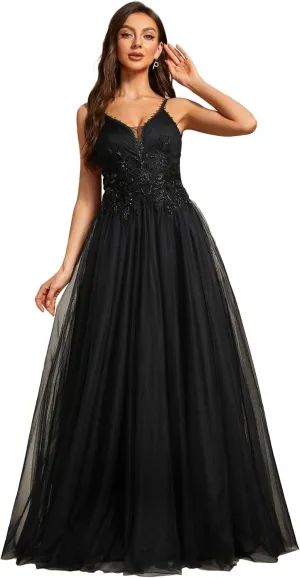 Ever-Pretty Women's V-Neck Lace Spaghetti Straps Embroidered Ruched Tulle Wedding Dress 0124A