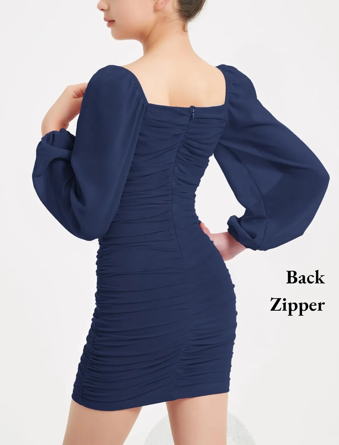EXARUS Girls Ruched Bodycon Dress Teens Mesh Lantern Sleeve Party Dance Homecoming Tight Short Pencil Dresses