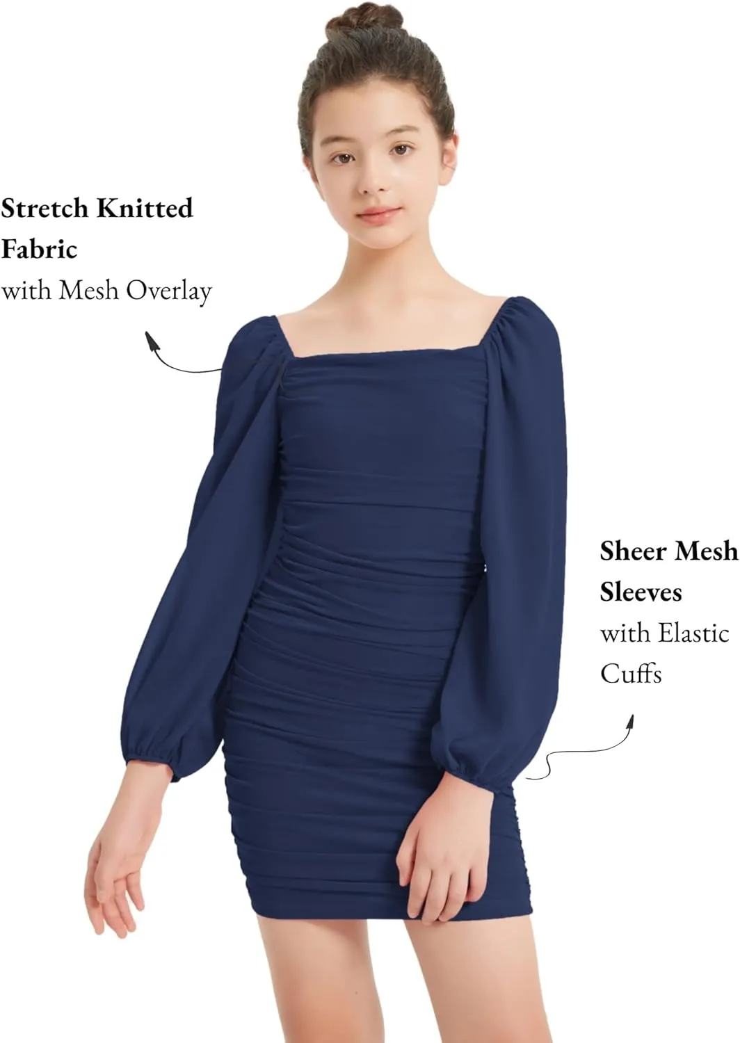 EXARUS Girls Ruched Bodycon Dress Teens Mesh Lantern Sleeve Party Dance Homecoming Tight Short Pencil Dresses