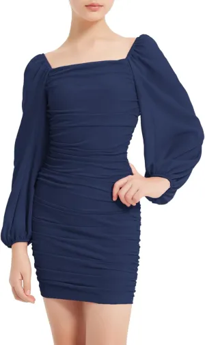 EXARUS Girls Ruched Bodycon Dress Teens Mesh Lantern Sleeve Party Dance Homecoming Tight Short Pencil Dresses
