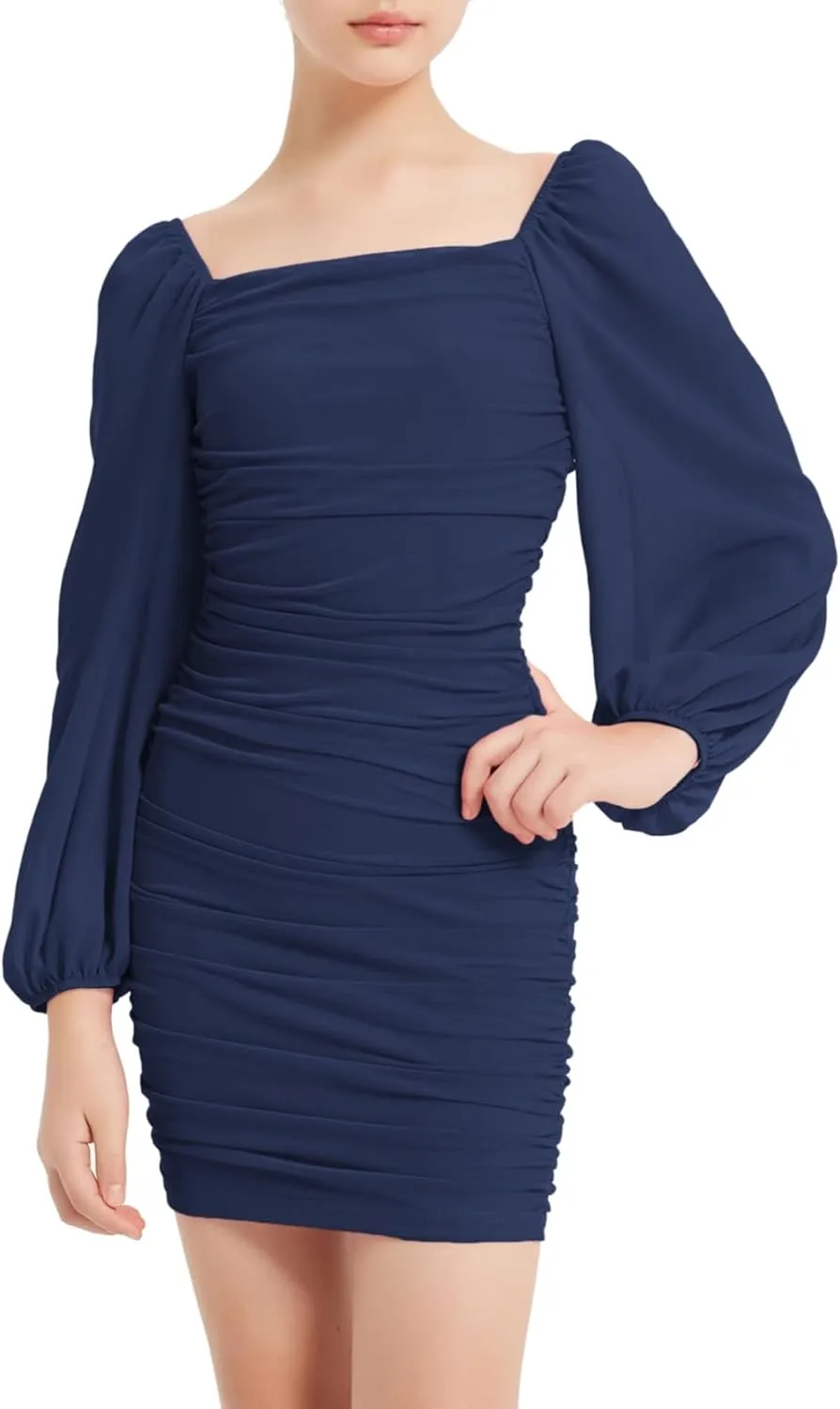 EXARUS Girls Ruched Bodycon Dress Teens Mesh Lantern Sleeve Party Dance Homecoming Tight Short Pencil Dresses