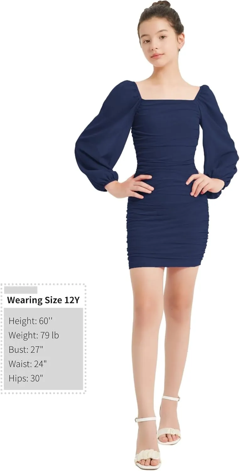 EXARUS Girls Ruched Bodycon Dress Teens Mesh Lantern Sleeve Party Dance Homecoming Tight Short Pencil Dresses