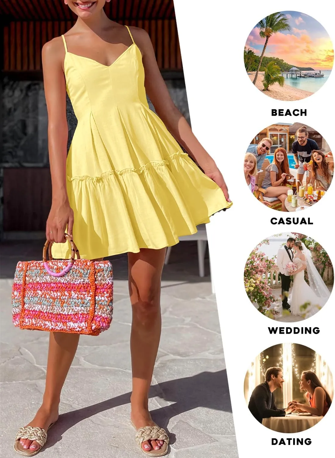 FANCYINN Women's Summer V Neck Casual Swing Short Dress Spaghetti Strap Tiered Backless Dresses with Pockets